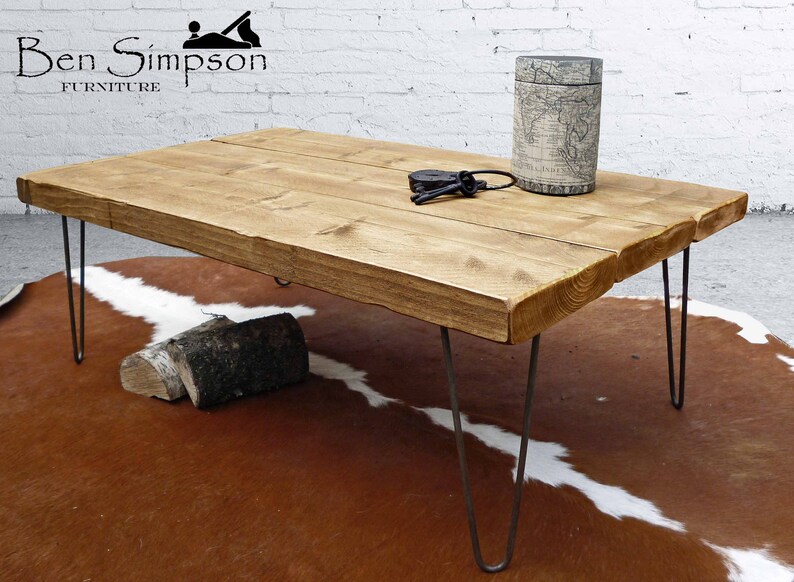 Rustic Coffee Table With Industrial Hairpin Legs Handcrafted Using Sustainable Solid Wood 45cm Height Ben Simpson Furniture