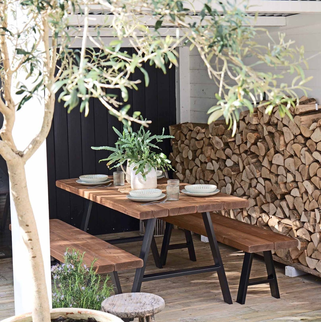 Rustic Solid Wood Garden Furniture Set: A-frame Table & Benches - Etsy UK