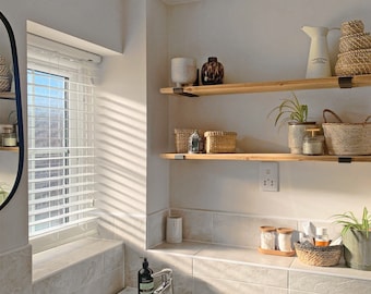 Handcrafted Rustic Wooden Shelves: Solid Wood & Metal Brackets