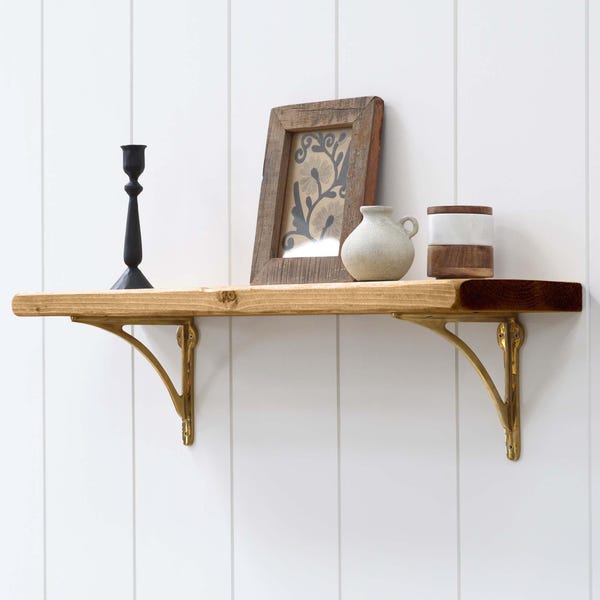 Rustic Wood Shelf with Solid Brass Brackets: Handmade Scandinavian Pine