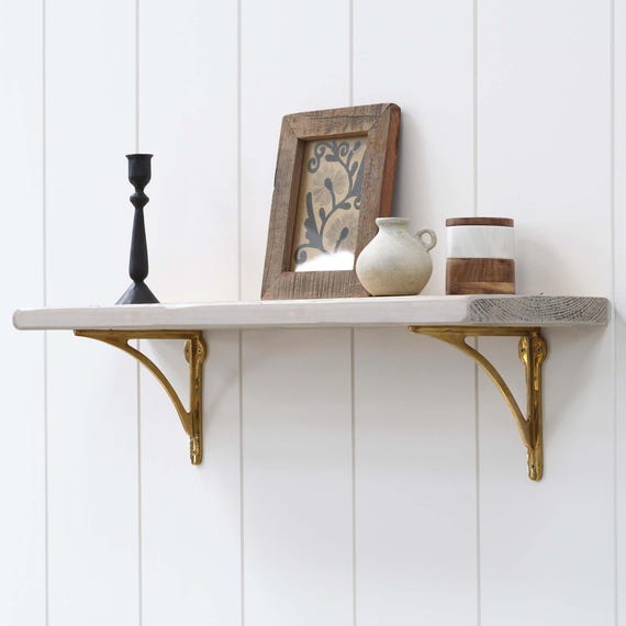 Rustic Wood Shelf with Solid Brass Brackets - Shabby Chic Style