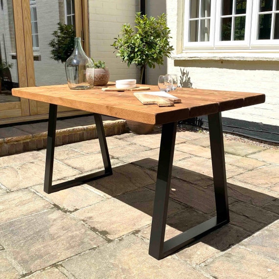 Garden Table Handcrafted Using Rustic Solid Wood Trapezium Frame