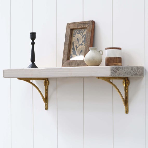 Shabby Chic Shelf with Solid Brass Brackets: Handmade Rustic Wall Decor