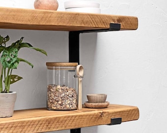 Handcrafted Solid Wood Wall Shelf with Industrial Metal Brackets