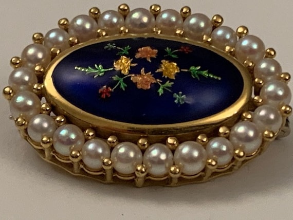 Antique 18k gold, enamel and pearls brooch