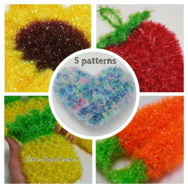5 Crochet Patterns - diy PDF simple carrot heart pineapple strawberry sunflower scrubby pattern set