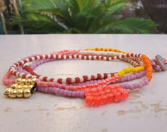 Zarte Kette - neon - Hippie - Boho - Halskette - Perlenkette - Toho Beads - Lange Kette