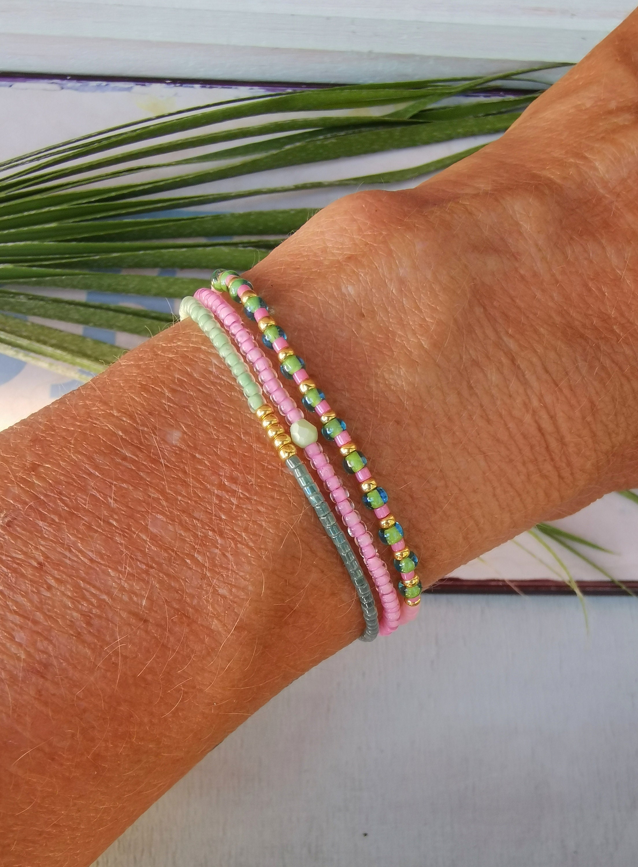 BRACELET Three-row Boho - Miyuki - Glass Beads - Mint - Pink