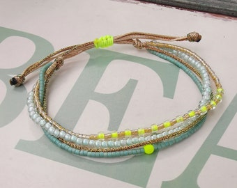 BRACELET three rows Boho - Miyuki - glass beads - seafoam - turquoise - neon yellow