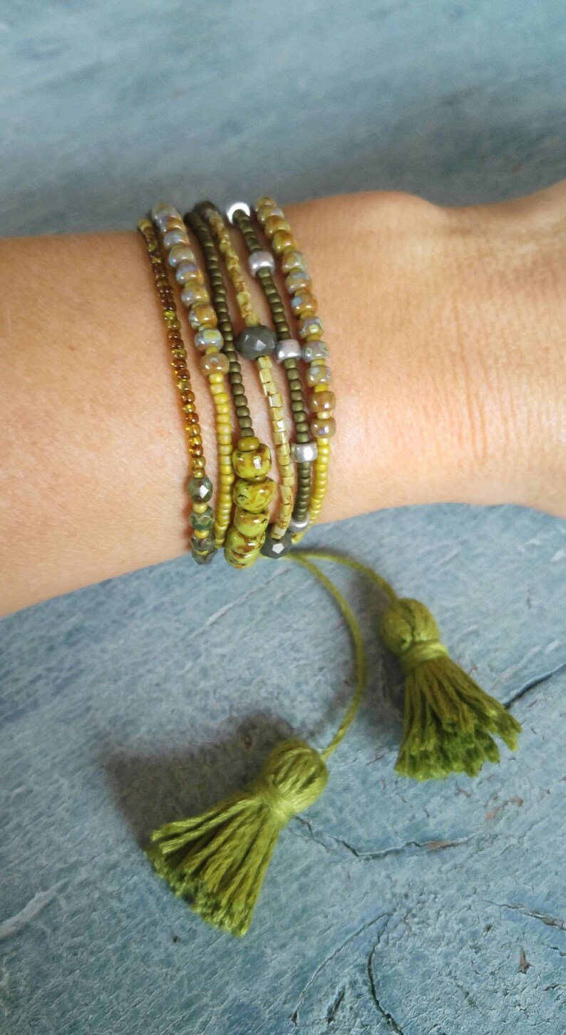 Two in one braceletnecklace green tassel Toho beads