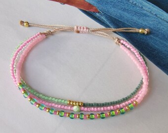 BRACELET Three-row Boho - Miyuki - Glass Beads - Mint - Pink BRACELET Three-row Boho - Miyuki - Glass Beads - Mint - Pink