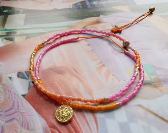Zartes Armband Set 2-teilig - Münze goldfarben  - Miyuki Beads - orange - pink - rosa