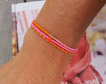 Boho three-row bracelet - Miyuki - glass beads - orange - pink - rose