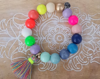 Armband - Holzperlen - Boho - Quaste - neon - bunt - Summervibes