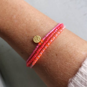 BRACELET three rows Boho - coin - glass beads seed beads - pink - pink - neon orange