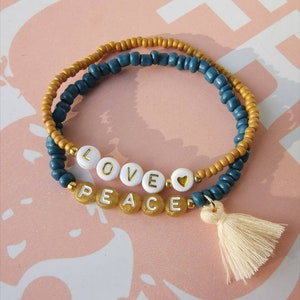 Personalisierbares Armband Set 2-teilig - Namensarmband - Motivations Armband - Blau - Gelb - Goldfarben - LOVE - PEACE afbeelding 1