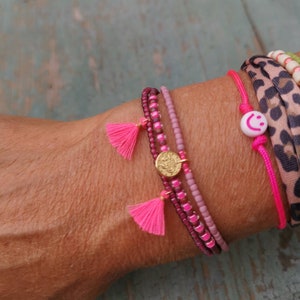 BRACELET three rows Boho - coin - glass beads seed beads - pink - pink - berry - neon - tassel