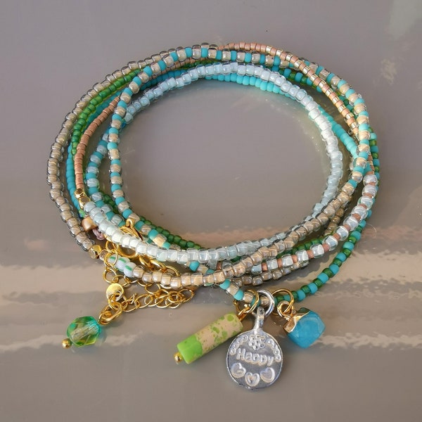 Two in One Armband/Kette - Miyuki Beads - Preciosa Rocailles - boho - türkis - grün - Wickelarmband