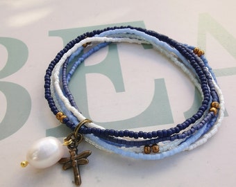 Armband *blue* mehrreihig Boho Glasperlen Süßwasserperle Toho Beads