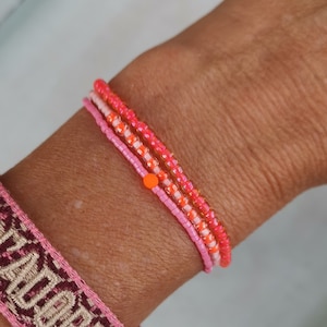 BRACELET three rows Boho - glass beads seed beads - pink - pink - neon orange