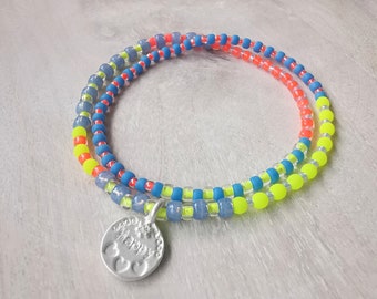 Armband - HAPPY - zweireihig Glasperlen - blau - neon gelb - orange - boho - elastisch