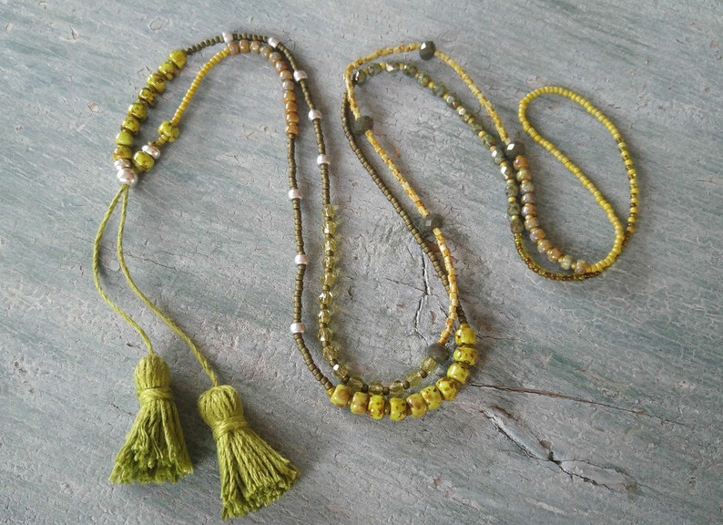 Two in one braceletnecklace green tassel Toho beads