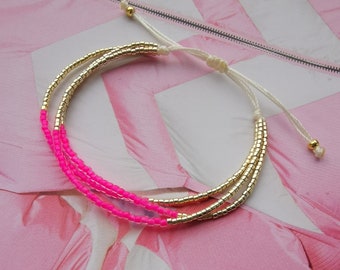 BRACELET three rows Boho - Miyuki - glass beads - neon - pink - gold