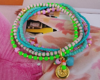 Superbe parure de bracelets multirangs - vert fluo - rose - turquoise