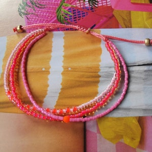 ARMBAND dreireihig Boho Glasperlen Seed Beads rosa pink neon orange Bild 4