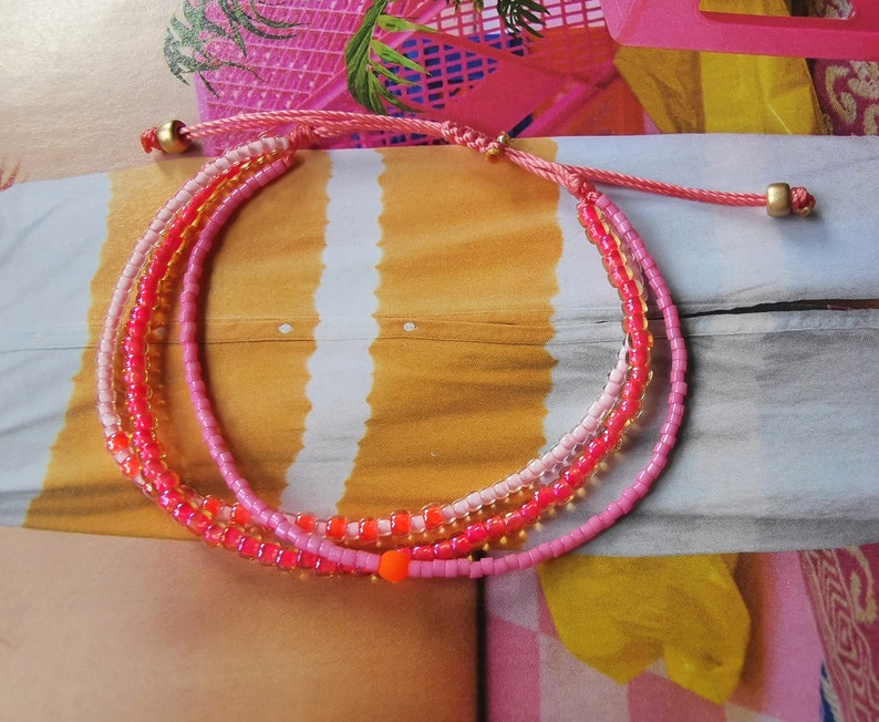 ARMBAND dreireihig Boho Glasperlen Seed Beads rosa pink neon orange Bild 4