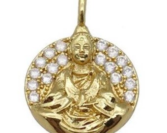 BUDDHA - Anhänger 17mm rund goldfarben - Zirkonia