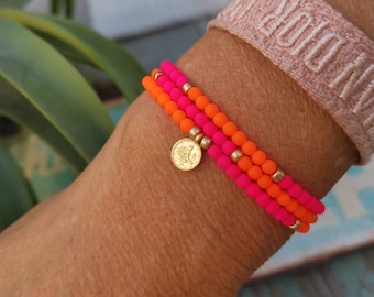 Armband - Münze  - neon - Wickelarmband - goldfarben - Sommer - pink/orange