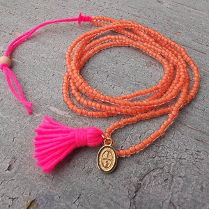 Necklace - delicate - hippie - boho - neon - orange - pink - tassel - Bakers Twine