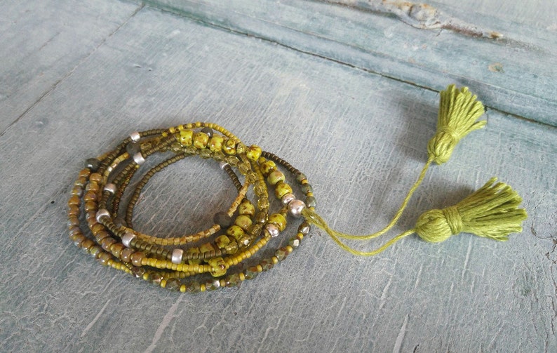 Two in one braceletnecklace green tassel Toho beads