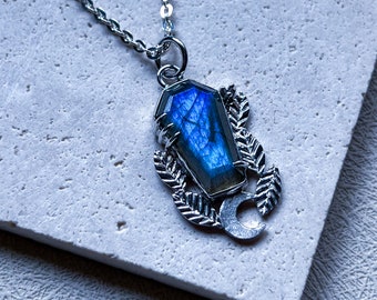 Halloween jewelry, spooky season, coffin necklace, labradorite jewelry, labradorite pendant, witchy jewelry, handmade silver jewelry