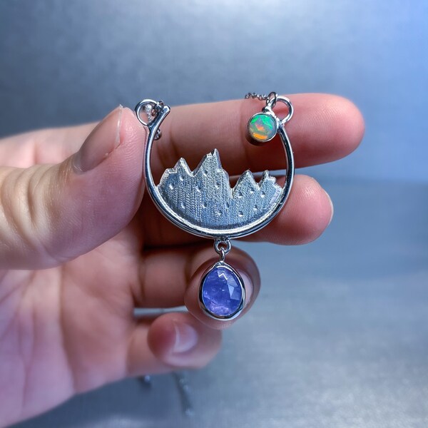 Opal jewelry, mountain necklace, mountain jewelry, sterling silver necklace, tanzanite necklace, tanzanite jewelry, artisan jewelry