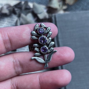 Lavender jewelry, botanical ring, amethyst ring, amethyst jewelry, silver ring, handmade ring, witchy crystal jewelry, silver crystal ring