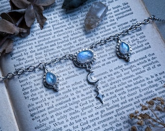 moonstone necklace, moon jewelry, witchy jewelry, fantasy jewelry, artisan made, metalsmithing jewelry, crystal pendant, starfall jewelry