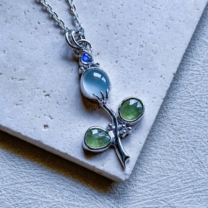 Aquamarine pendant, flower necklace, peridot jewelry, moonstone jewelry, slowmade jewelry, artisan silver jewelry, crystal jewelry, mom gift image 1