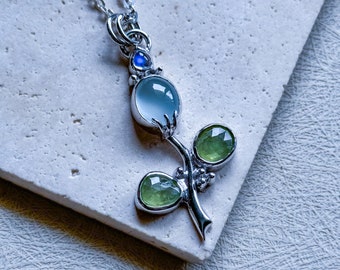 Aquamarine pendant, flower necklace, peridot jewelry, moonstone jewelry, slowmade jewelry, artisan silver jewelry, crystal jewelry, mom gift