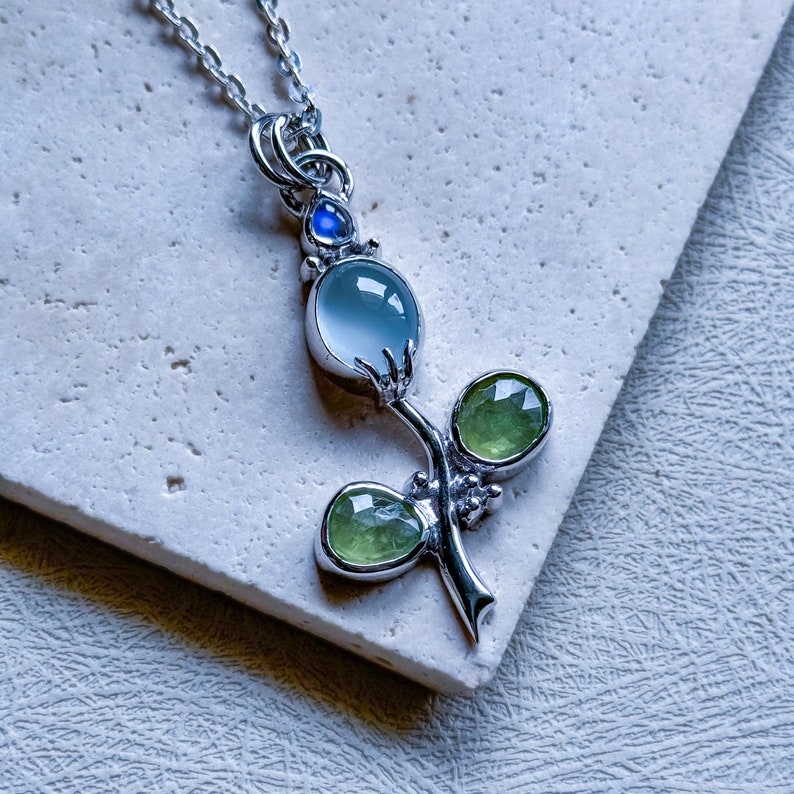 Aquamarine pendant, flower necklace, peridot jewelry, moonstone jewelry, slowmade jewelry, artisan silver jewelry, crystal jewelry, mom gift image 1