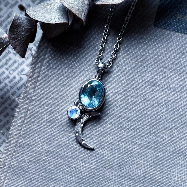 Aquamarine pendant, aquamarine necklace, moonstone jewelry, crescent moon necklace, witchy jewelry, handmade silver necklace, aqua gemstone
