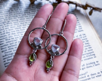 peridot earrings, rose quartz jewelry, hoop earrings, silver jewelry, handmade earrings, handcrafted jewelry, crystal earrings, gift for her