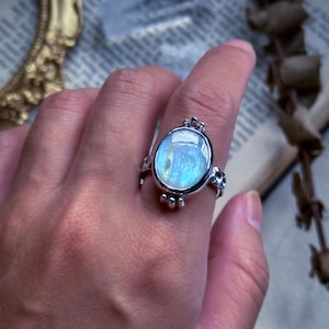 Moonstone ring, crystal jewelry, rainbow moonstone, silver ring, handmade jewelry, fantasy jewelry, cottage core, ooak ring, witchy vibes