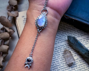 moonstone necklace, lariat necklace, crystal jewelry, kyanite pendant, fantasy jewelry, witchy jewellery, metalsmithing jewelry, mom gift