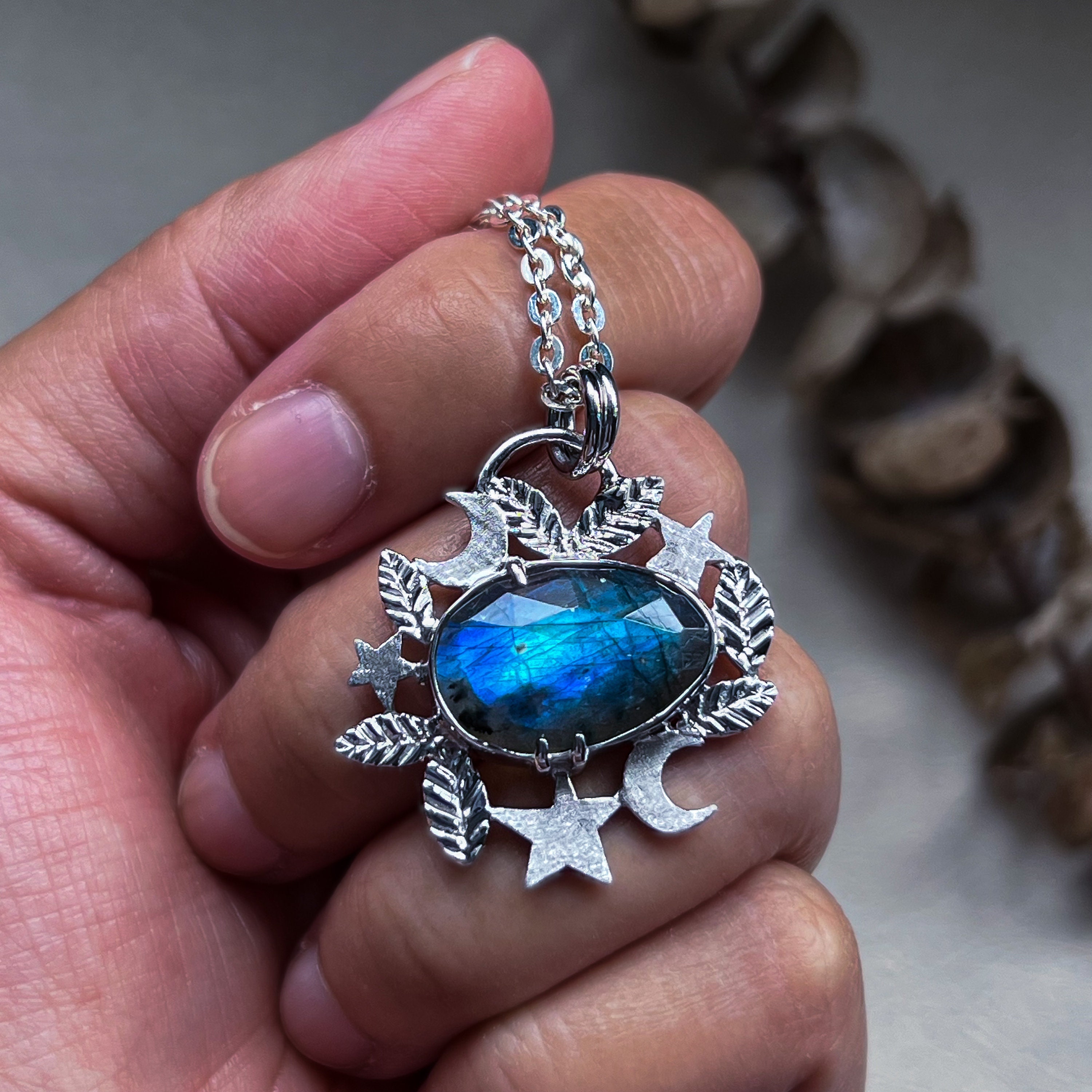 Celestial necklace, witchy jewelry, labradorite pendant, labradorite necklace, silver moon necklace, crescent moon jewelry, crystal pendant