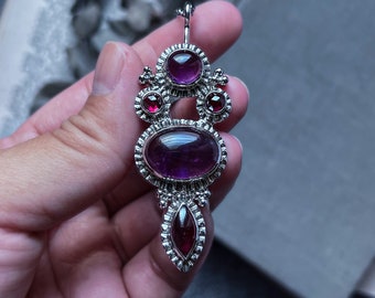 Amethyst pendant, garnet jewelry, amethyst necklace, crystal jewelry, artisan made jewelry, handmade silver jewelry, hand forged jewelry