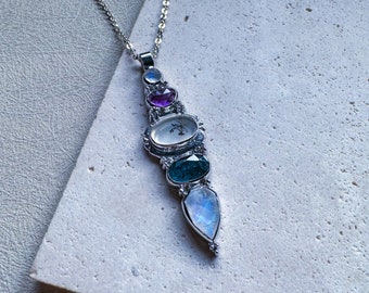 Dendritic agate pendant, moonstone jewelry, amethyst necklace, teal kyanite, slowmade jewelry, artisan jewelry, ooak crystal pendant