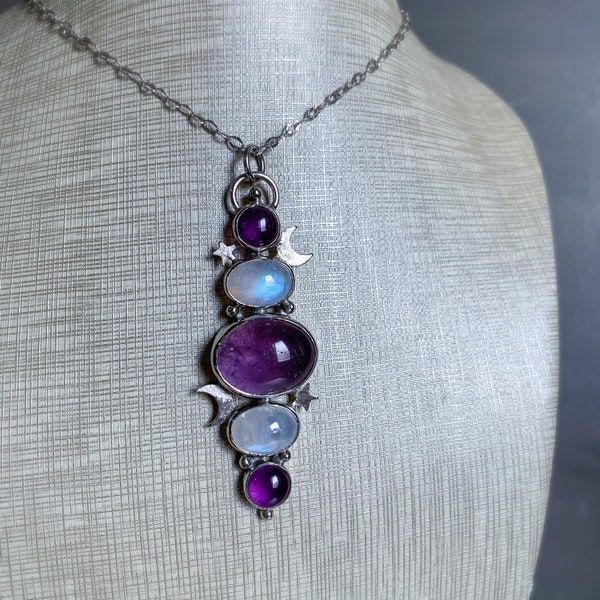 Moonstone celestial pendant, celestial necklace, moon jewelry, moonstone pendant, amethyst pendant, amethyst necklace, ooak crystal pendant