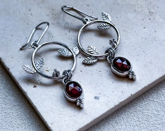 garnet earrings, crystal earrings, hoop earrings, handmade earrings, artisan jewelry, gift for her, gemstone jewelry, ooak silver jewelry